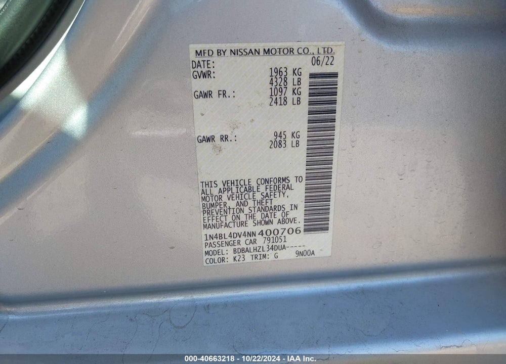 2022 NISSAN ALTIMA SV FWD VIN: 1N4BL4DV4NN400706