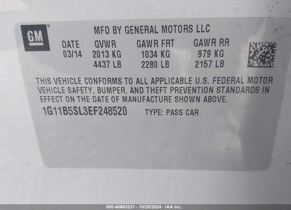 2014 CHEVROLET MALIBU 1LS VIN: 1G11B5SL3EF248520