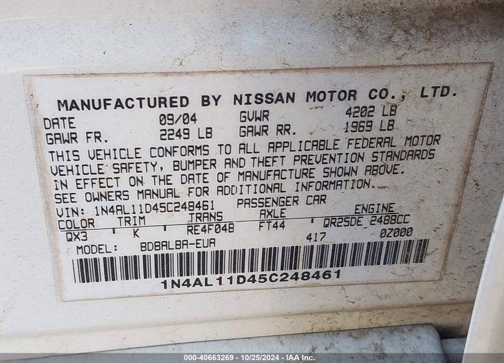 2005 NISSAN ALTIMA 2.5 S VIN: 1N4AL11D45C248461