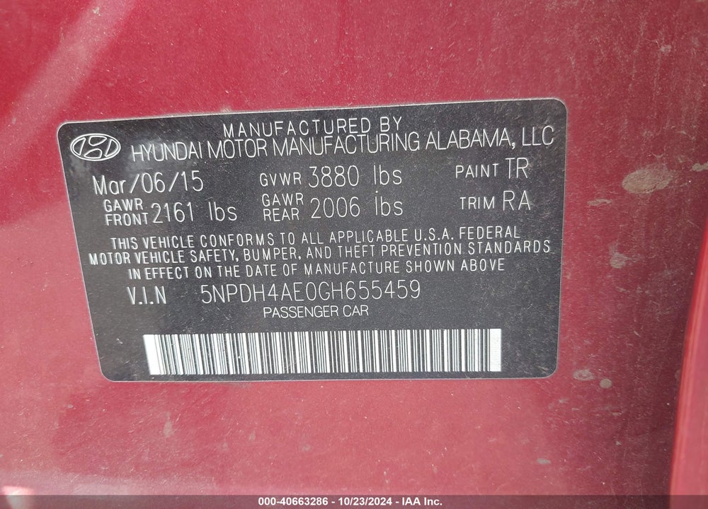 2016 HYUNDAI ELANTRA SE VIN: 5NPDH4AE0GH655459
