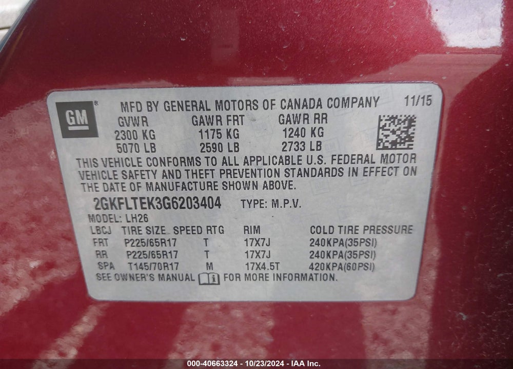 2016 GMC TERRAIN SLE-2 VIN: 2GKFLTEK3G6203404