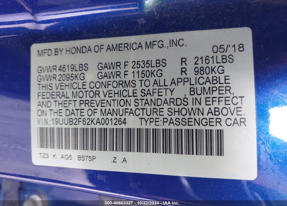 2019 ACURA TLX TECH & A-SPEC PKGS VIN: 19UUB2F62KA001264