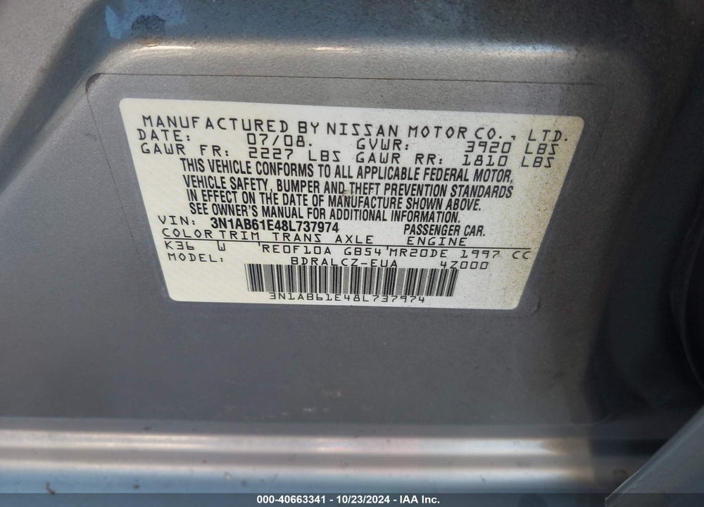 2008 NISSAN SENTRA 2.0 VIN: 3N1AB61E48L737974