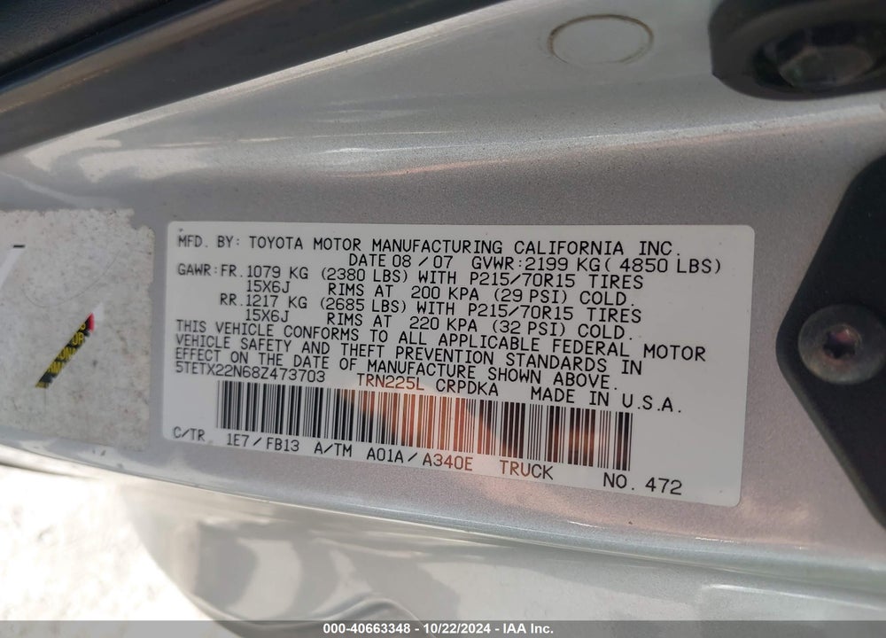 2008 TOYOTA TACOMA VIN: 5TETX22N68Z473703