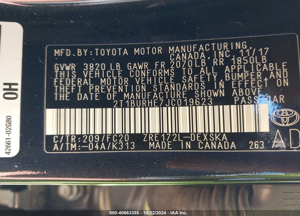 2018 TOYOTA COROLLA SE VIN: 2T1BURHE7JC019623
