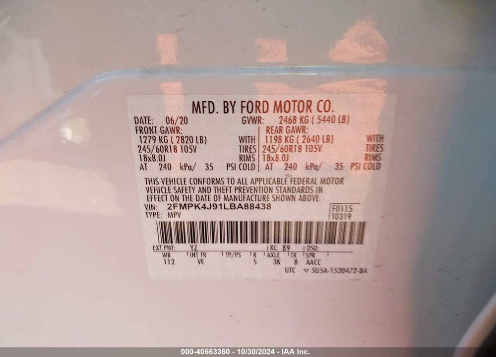 2020 FORD EDGE SEL VIN: 2FMPK4J91LBA88438