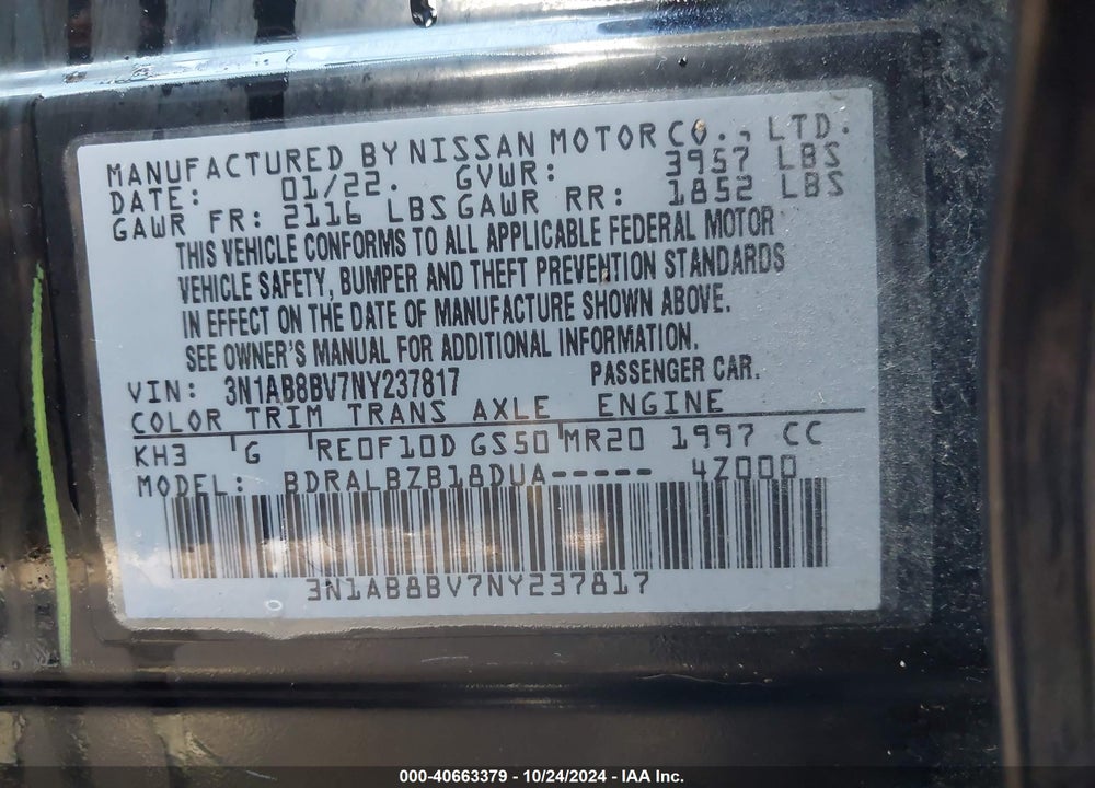 2022 NISSAN SENTRA S XTRONIC CVT VIN: 3N1AB8BV7NY237817