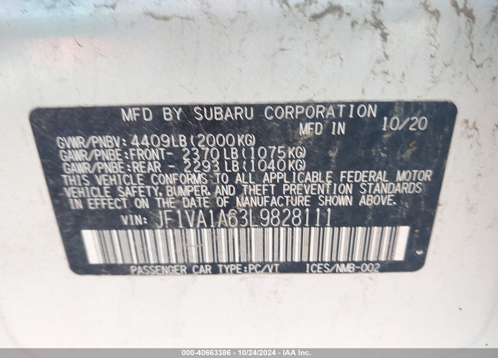 2020 SUBARU WRX VIN: JF1VA1A63L9828111