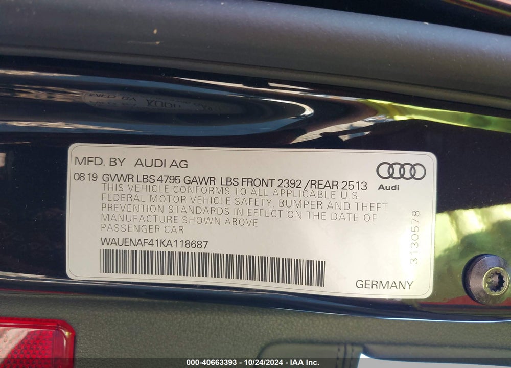 2019 AUDI A4 45 PREMIUM VIN: WAUENAF41KA118687