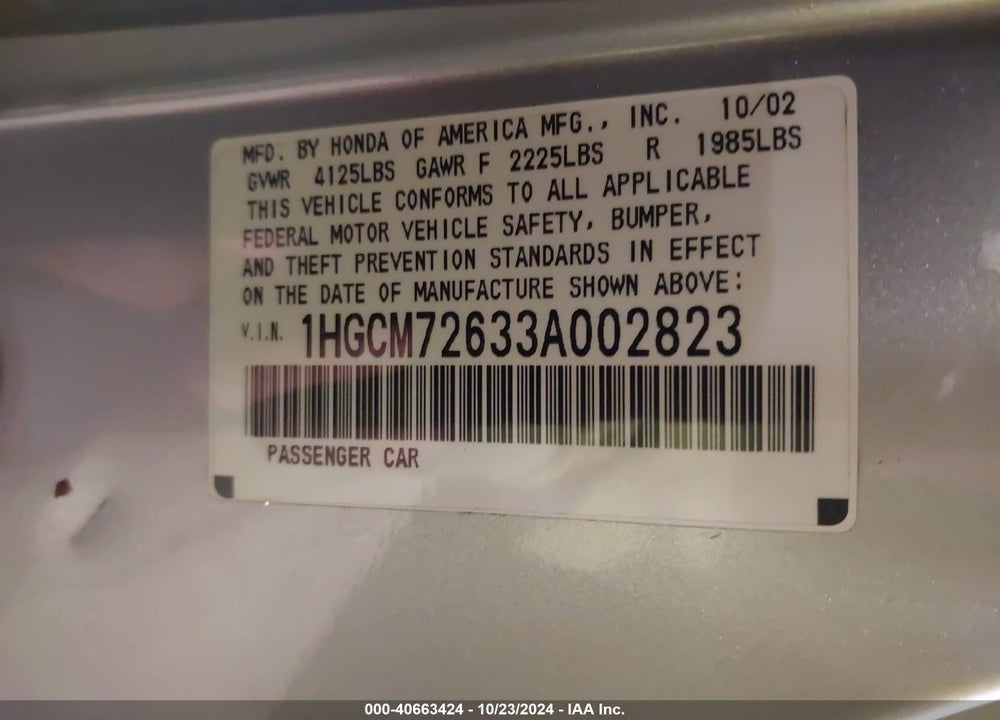 2003 HONDA ACCORD 2.4 EX VIN: 1HGCM72633A002823