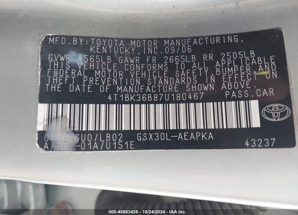 2007 TOYOTA AVALON LIMITED VIN: 4T1BK36B87U180467