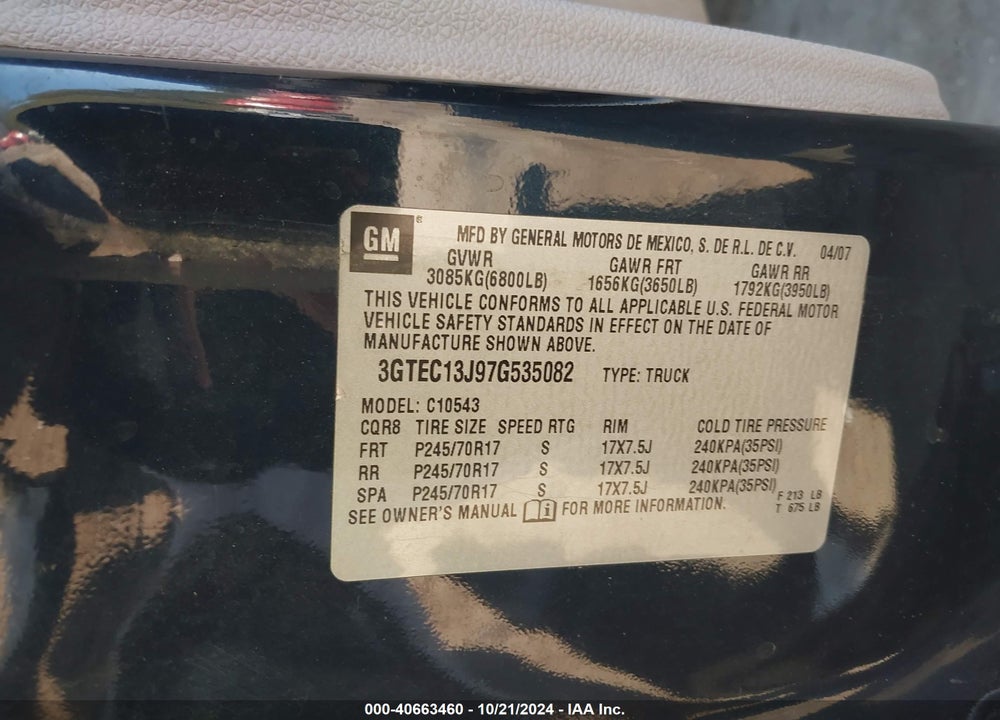 2007 GMC SIERRA 1500 SLE1 VIN: 3GTEC13J97G535082