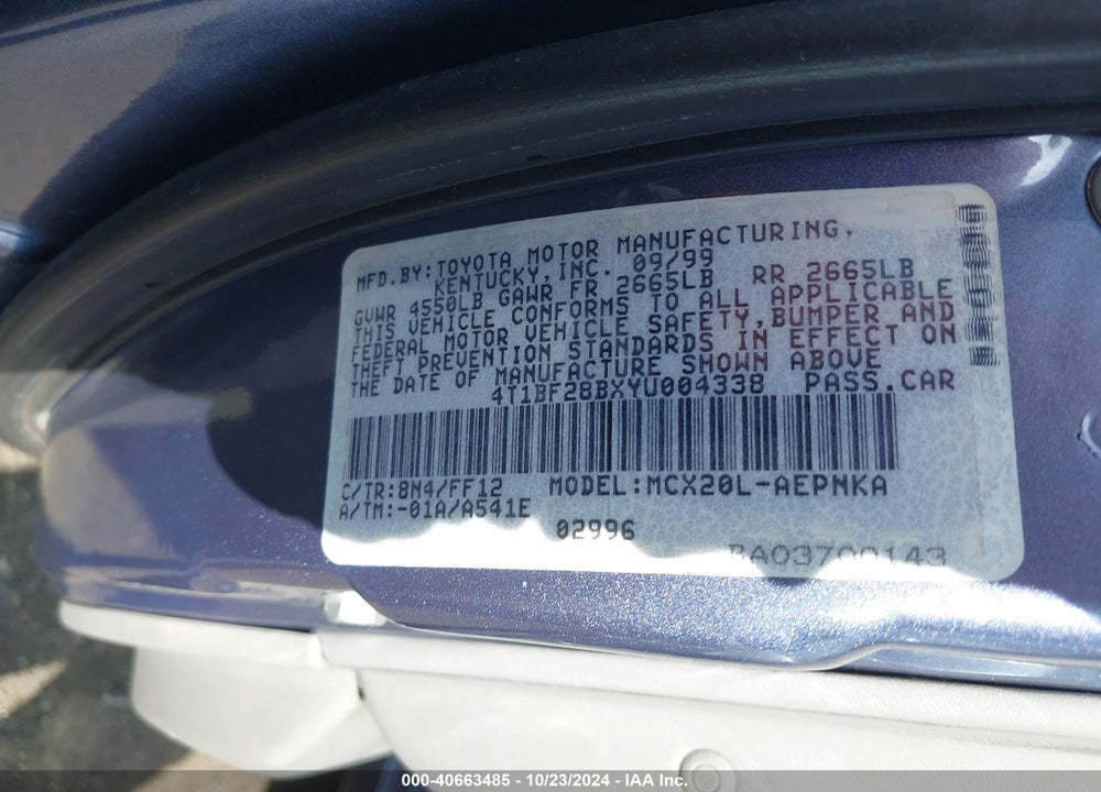 2000 TOYOTA AVALON XL VIN: 4T1BF28BXYU004338