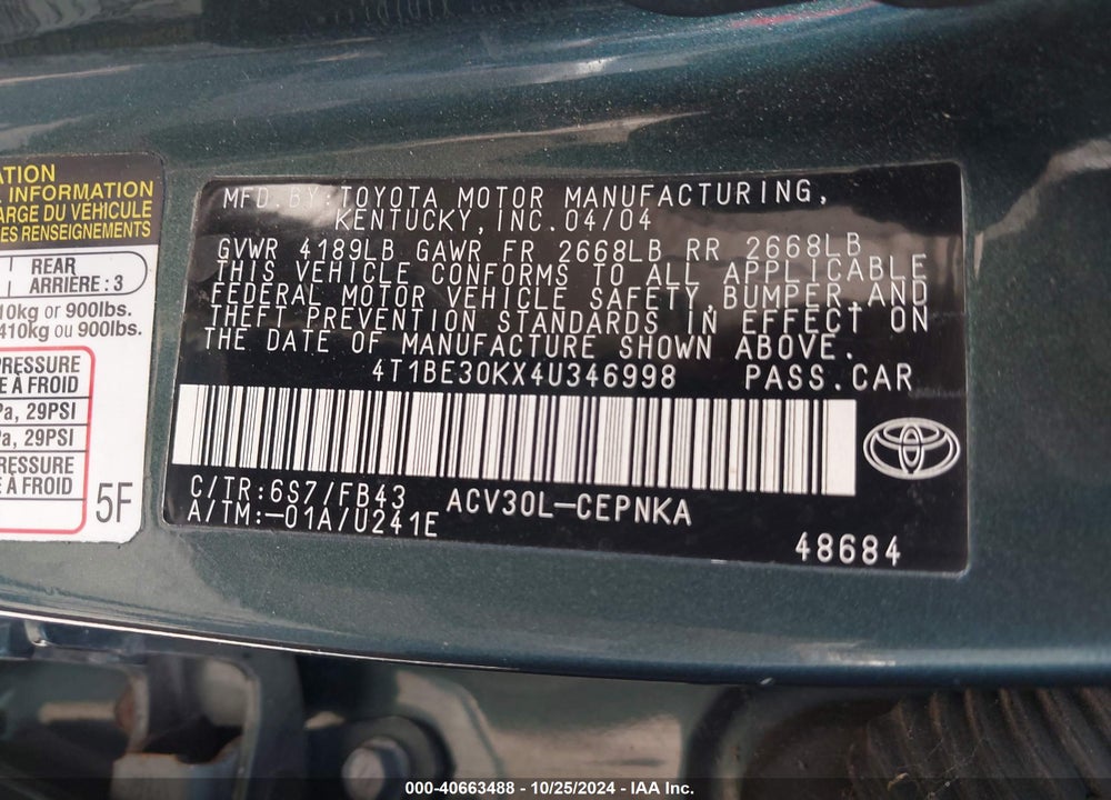 2004 TOYOTA CAMRY LE VIN: 4T1BE30KX4U346998