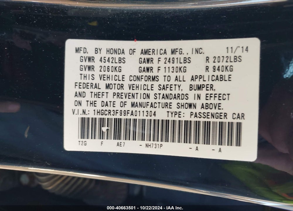 2015 HONDA ACCORD TOURING VIN: 1HGCR3F99FA011304