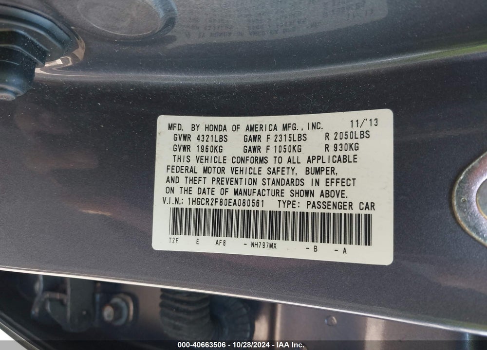 2014 HONDA ACCORD EX-L VIN: 1HGCR2F80EA080561
