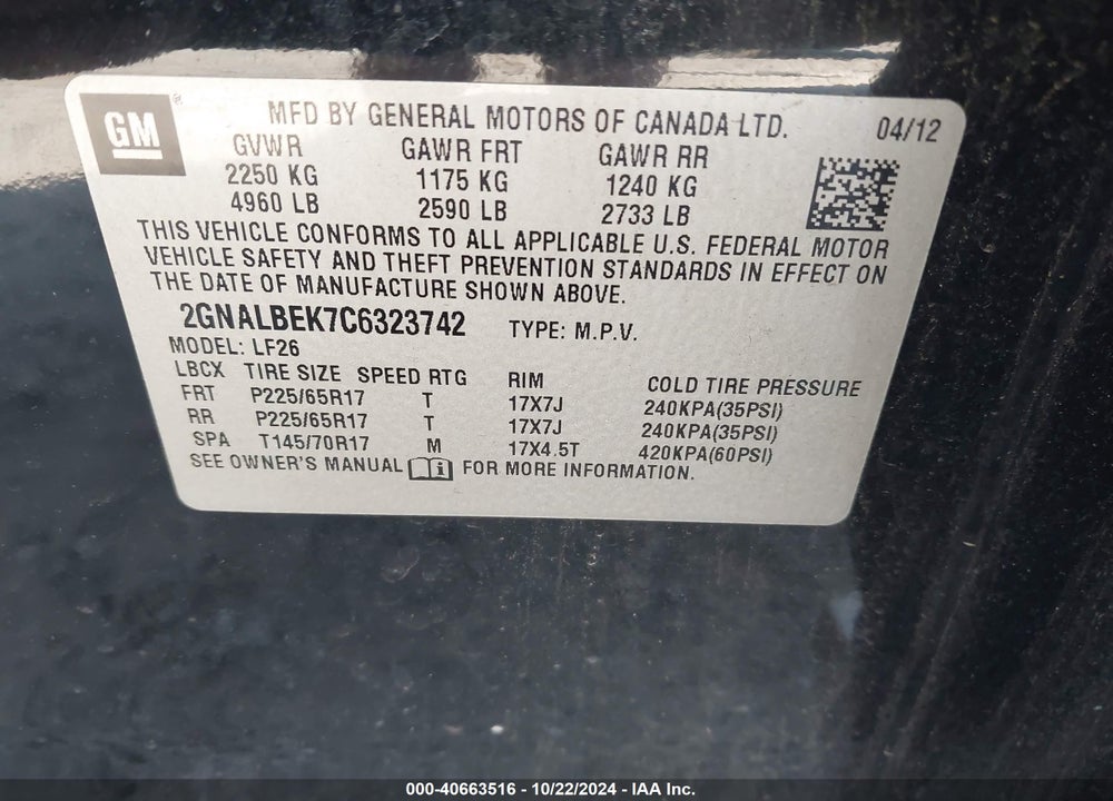 2012 CHEVROLET EQUINOX LS VIN: 2GNALBEK7C6323742