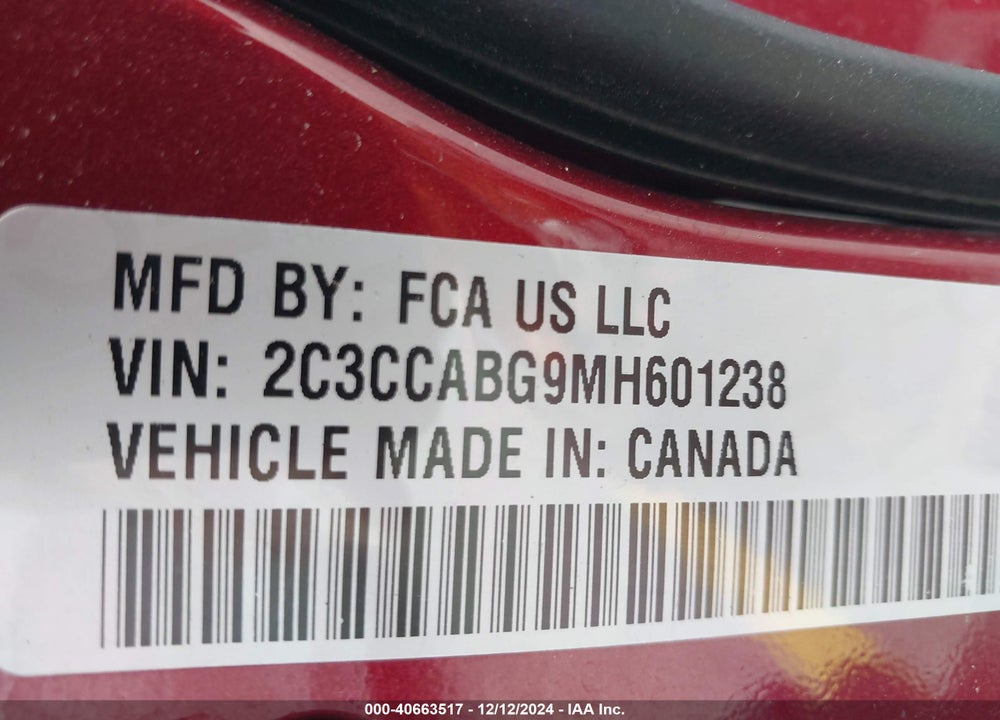 2021 CHRYSLER 300 300S VIN: 2C3CCABG9MH601238
