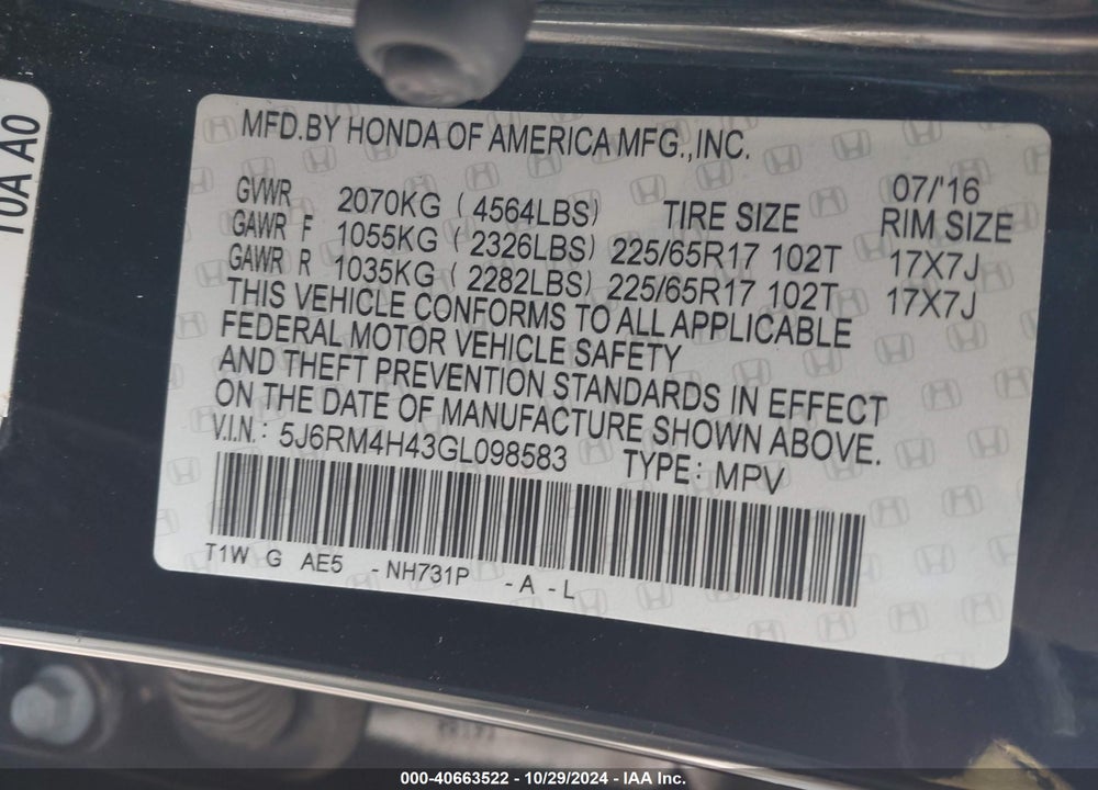 2016 HONDA CR-V SE VIN: 5J6RM4H43GL098583