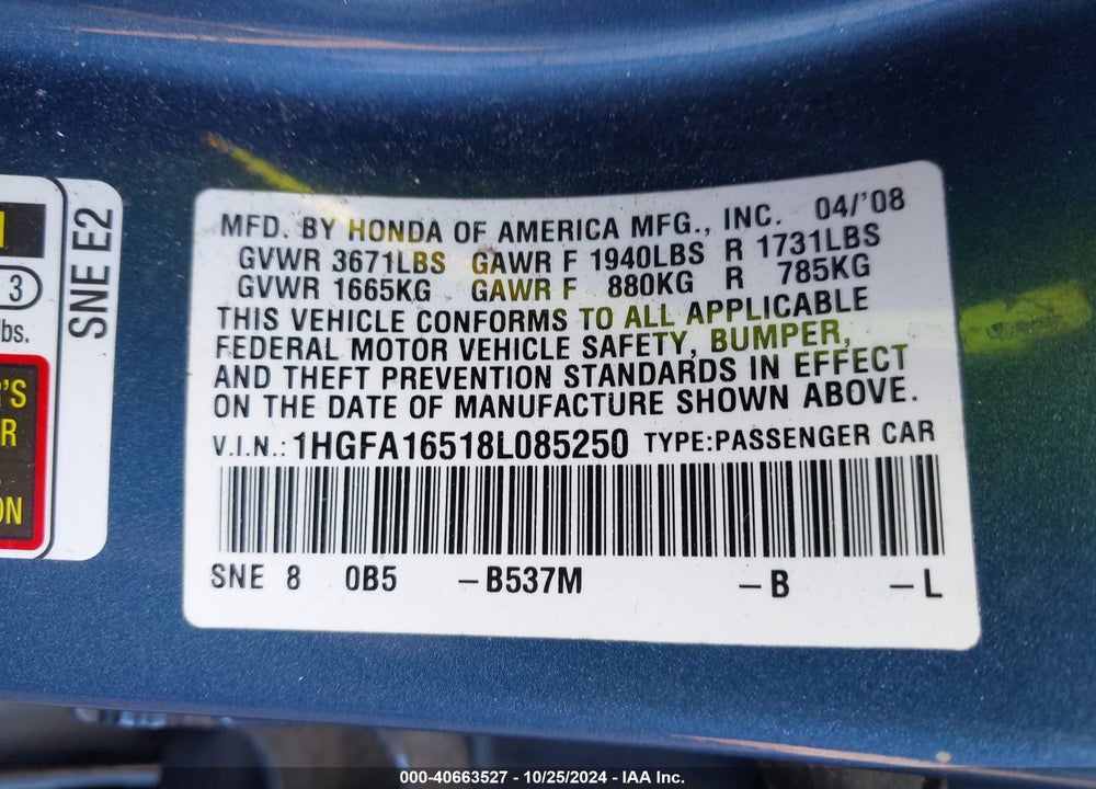 2008 HONDA CIVIC LX VIN: 1HGFA16518L085250