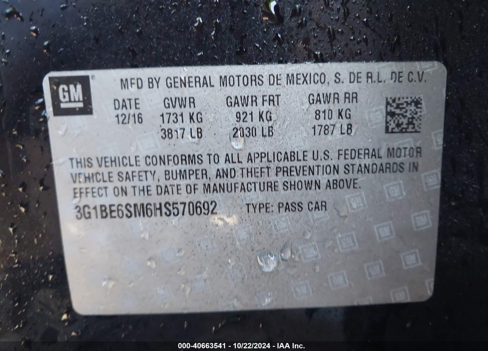 2017 CHEVROLET CRUZE VIN: 3G1BE6SM6HS570692