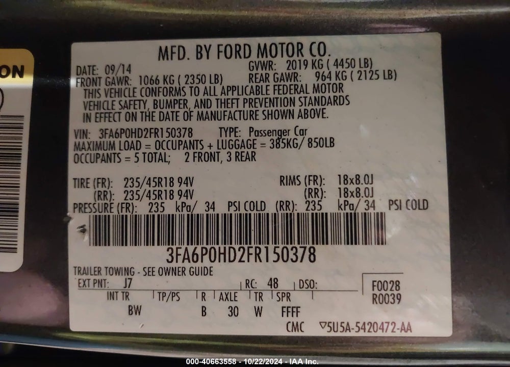 2015 FORD FUSION VIN: 3FA6P0HD2FR150378