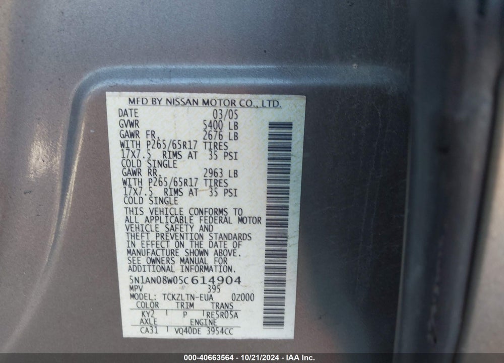 2005 NISSAN XTERRA SE VIN: 5N1AN08W05C614904