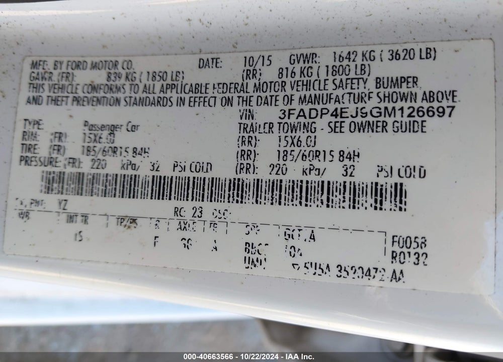2016 FORD FIESTA SE VIN: 3FADP4EJ9GM126697