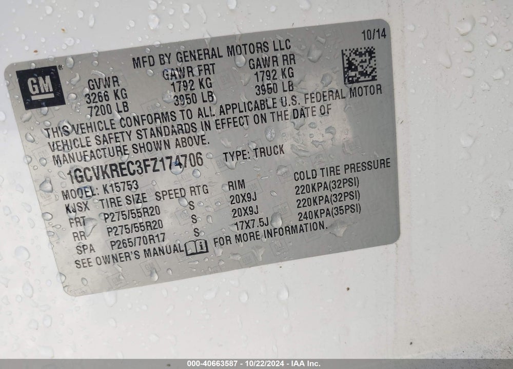 2015 CHEVROLET SILVERADO 1500 1LT VIN: 1GCVKREC3FZ174706