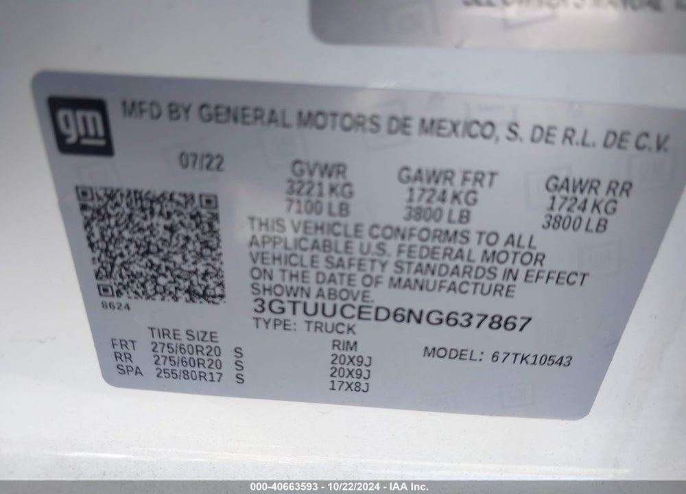2022 GMC SIERRA 1500 4WD SHORT BOX ELEVATION WITH 3SB VIN: 3GTUUCED6NG637867