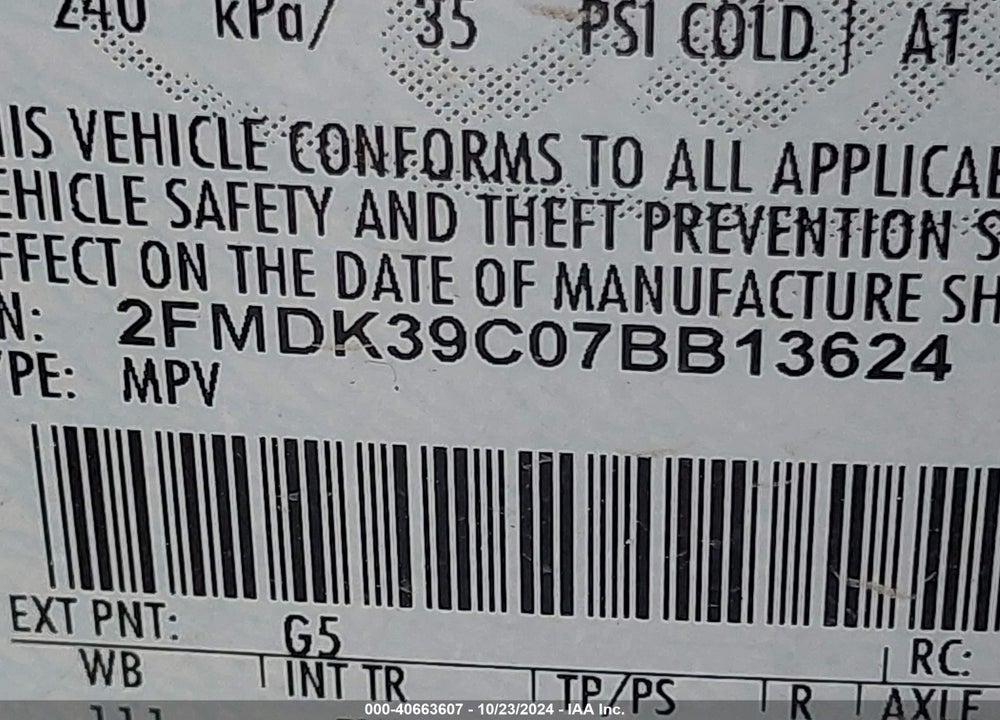 2007 FORD EDGE SEL PLUS VIN: 2FMDK39C07BB13624