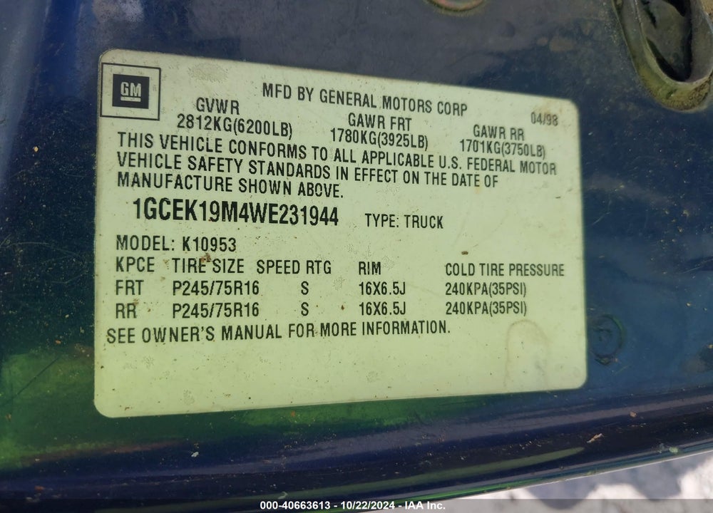 1998 CHEVROLET C/K 1500 SILVERADO FLEETSIDE VIN: 1GCEK19M4WE231944