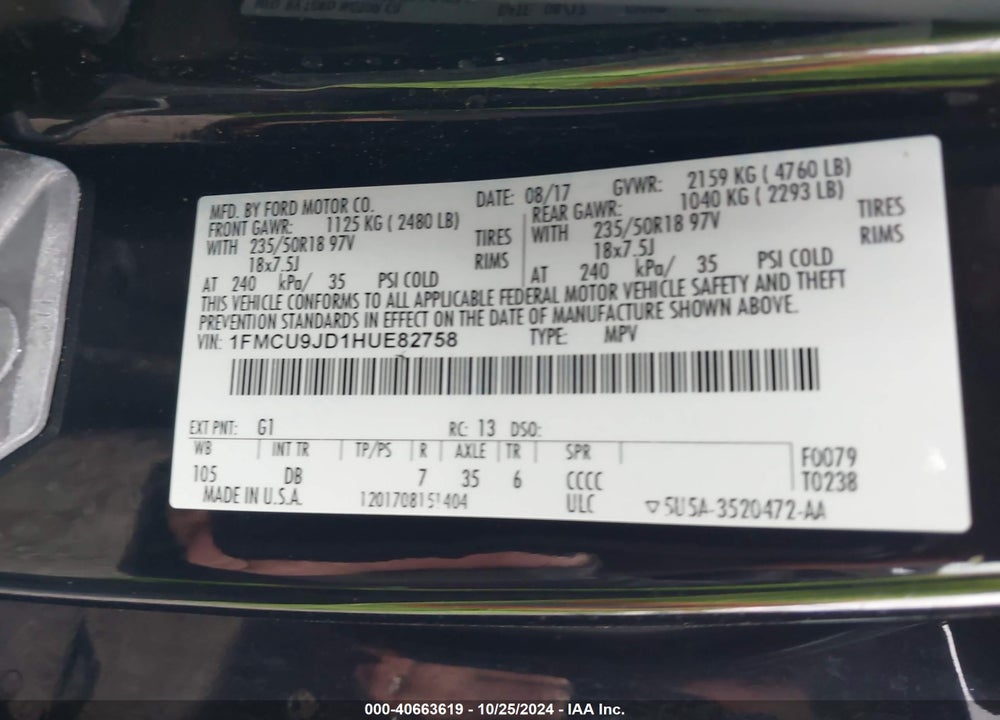 2017 FORD ESCAPE TITANIUM VIN: 1FMCU9JD1HUE82758