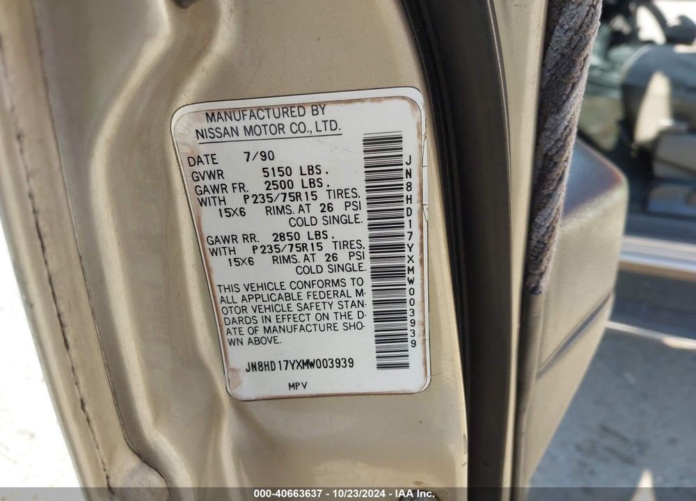 1991 NISSAN PATHFINDER XE/SE VIN: JN8HD17YXMW003939