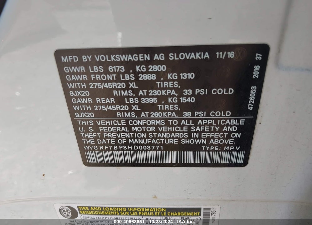 2017 VOLKSWAGEN TOUAREG V6 WOLFSBURG EDITION VIN: WVGRF7BP8HD003771