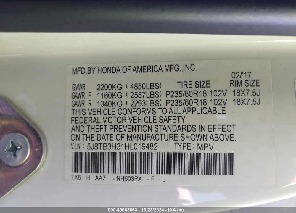 2017 ACURA RDX WATCH PLUS PACKAGE VIN: 5J8TB3H31HL019482