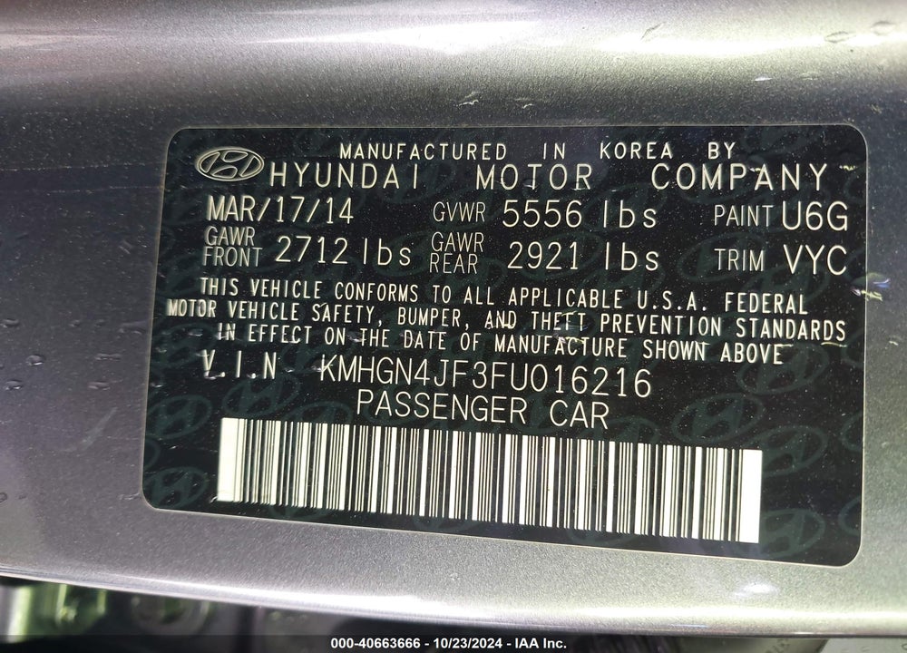 2015 HYUNDAI GENESIS VIN: KMHGN4JF3FU016216