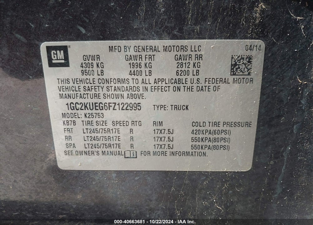 2015 CHEVROLET SILVERADO 2500HD WT VIN: 1GC2KUEG6FZ122995