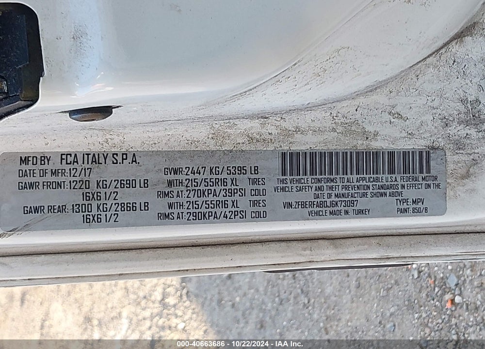 2018 RAM PROMASTER CITY TRADESMAN VIN: ZFBERFAB0J6K73097