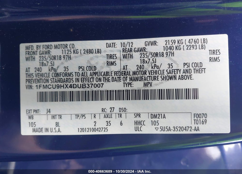 2013 FORD ESCAPE SEL VIN: 1FMCU9HX4DUB37007