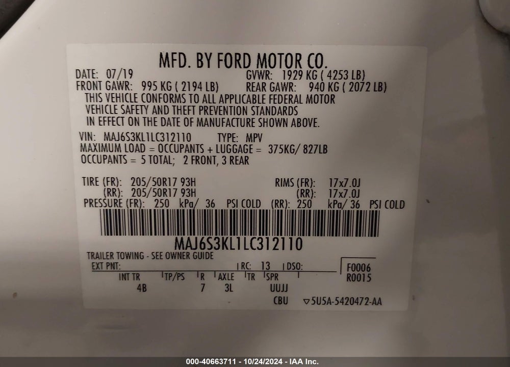 2020 FORD ECOSPORT TITANIUM VIN: MAJ6S3KL1LC312110