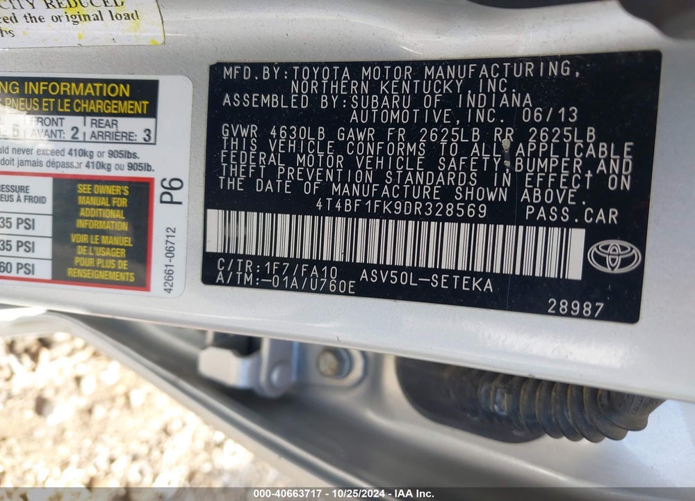 2013 TOYOTA CAMRY L VIN: 4T4BF1FK9DR328569