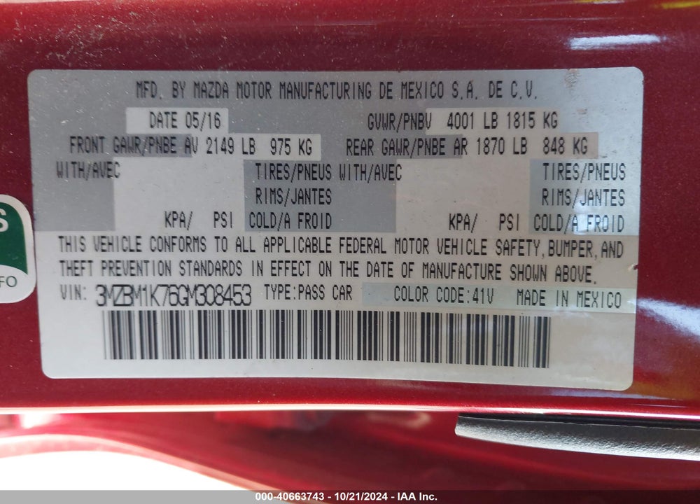 2016 MAZDA 3 I SPORT VIN: 3MZBM1K76GM308453