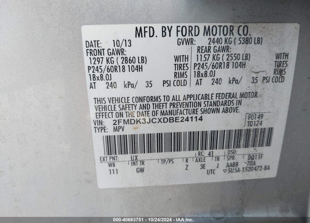 2013 FORD EDGE SEL VIN: 2FMDK3JCXDBE24114