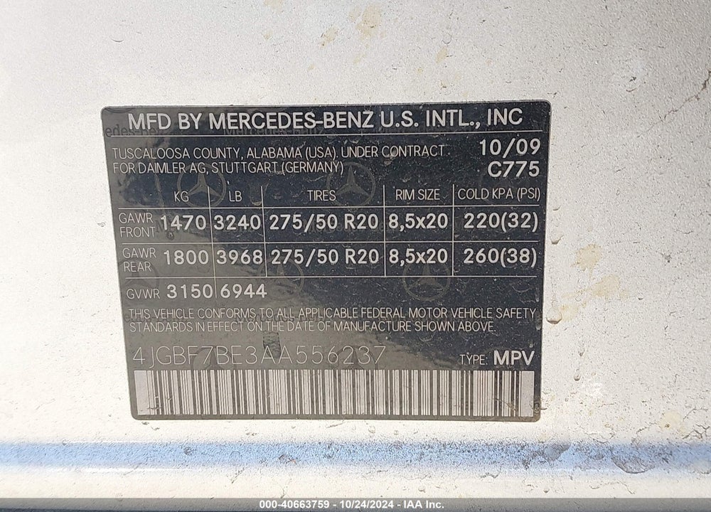 2010 MERCEDES-BENZ GL 450 4MATIC VIN: 4JGBF7BE3AA556237