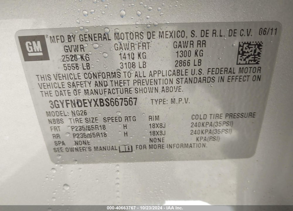 2011 CADILLAC SRX LUXURY COLLECTION VIN: 3GYFNDEYXBS667567