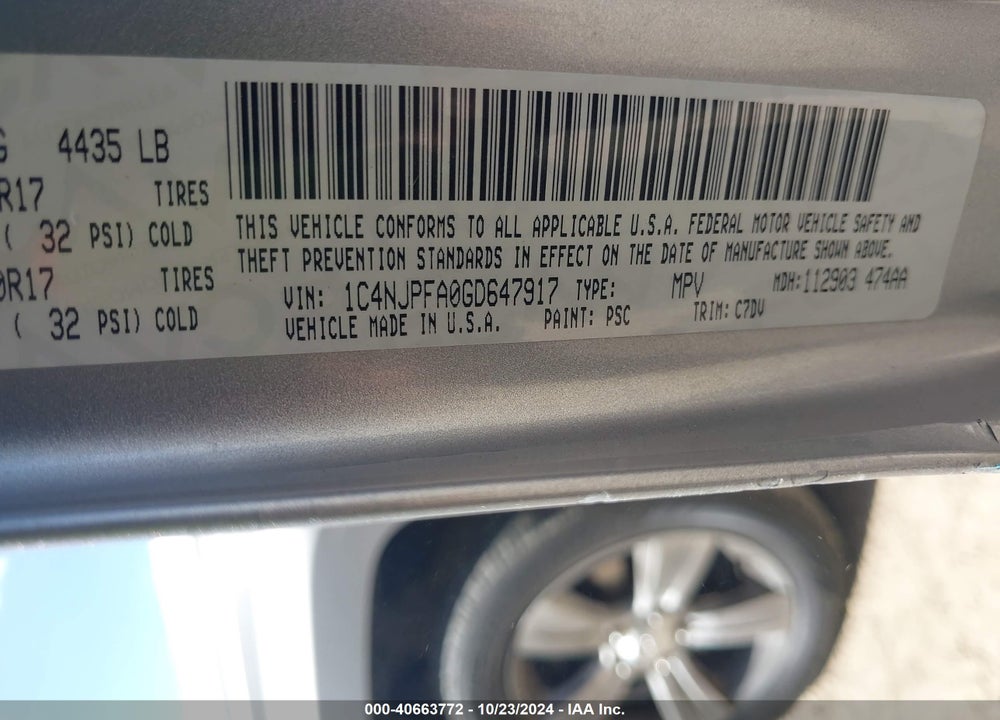 2016 JEEP PATRIOT LATITUDE VIN: 1C4NJPFA0GD647917