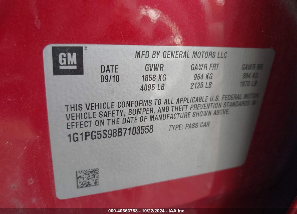 2011 CHEVROLET CRUZE 2LT VIN: 1G1PG5S98B7103558
