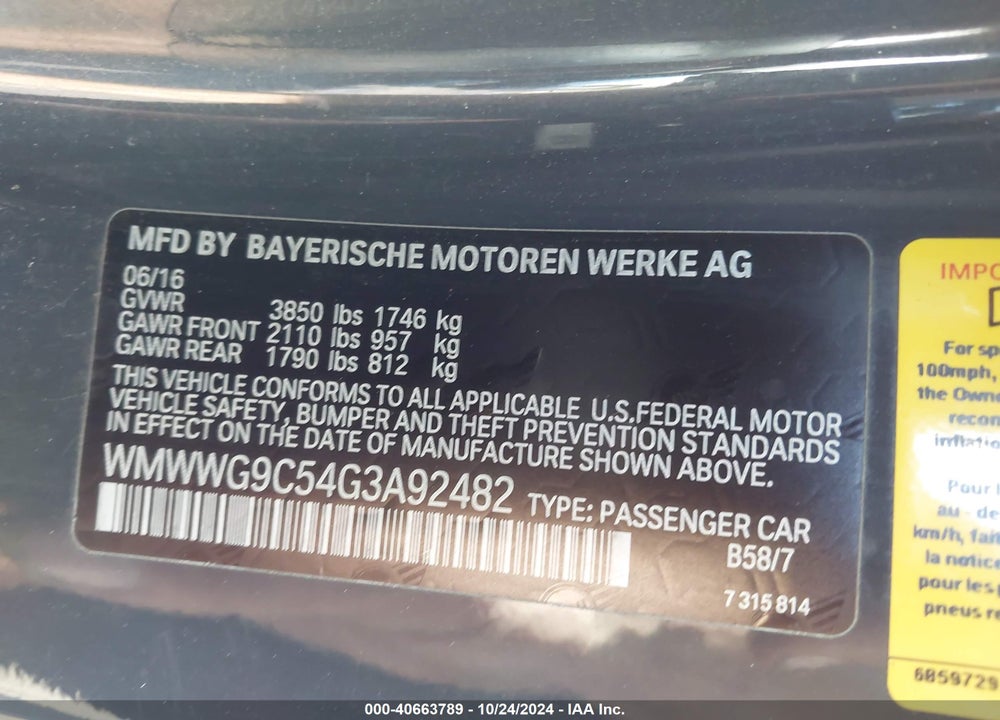 2016 MINI CONVERTIBLE COOPER S VIN: WMWWG9C54G3A92482