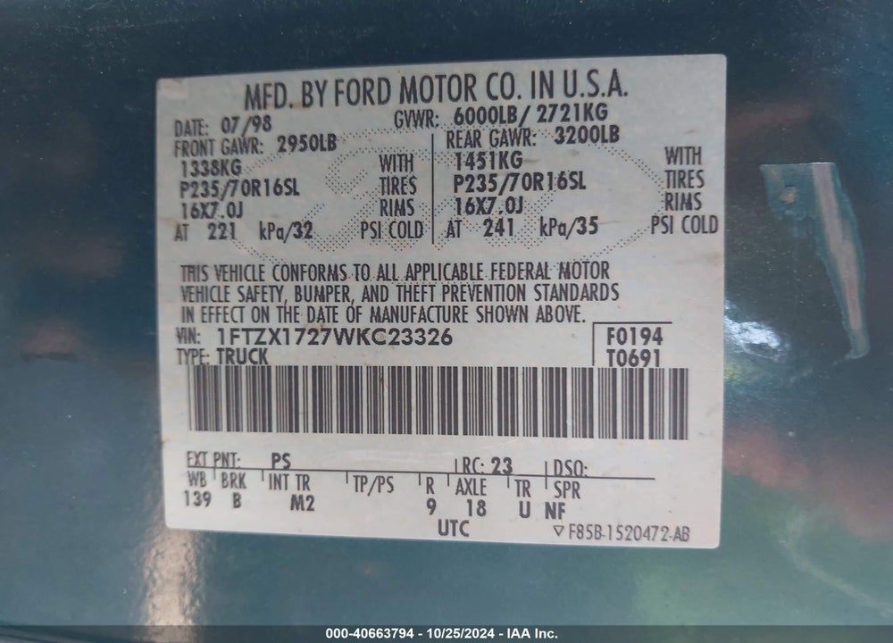 1998 FORD F-150 STANDARD/XL/XLT VIN: 1FTZX1727WKC23326